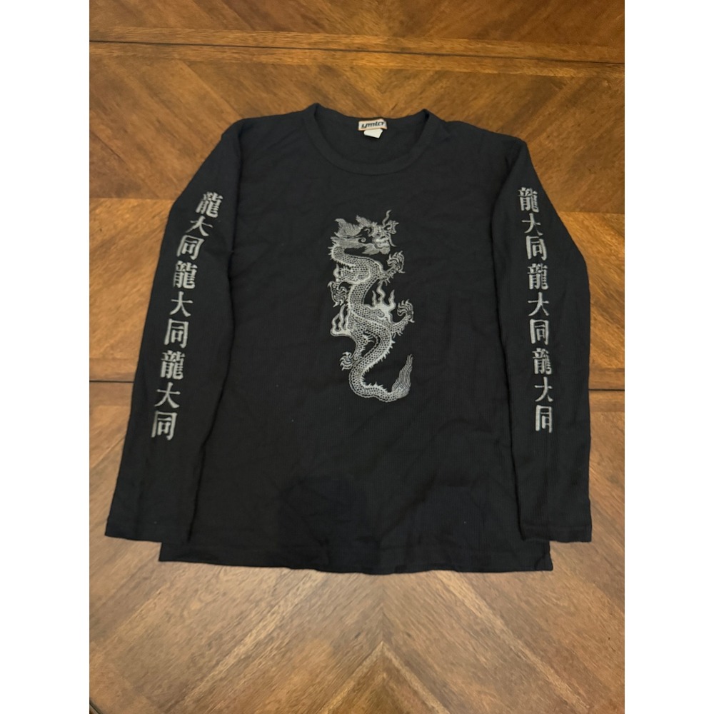 Vintage YMLA Dragon Graphic Thermal Shirt Black Long Sleeve Waffle Knit XL USA